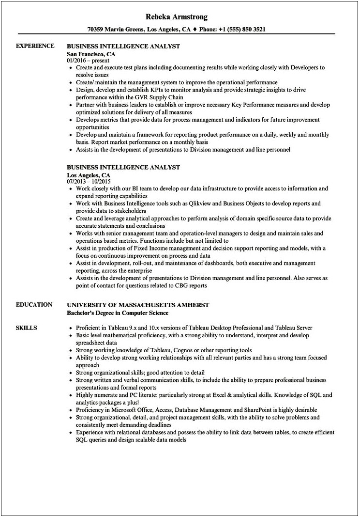 Business Intelligence Analyst Resume Examples