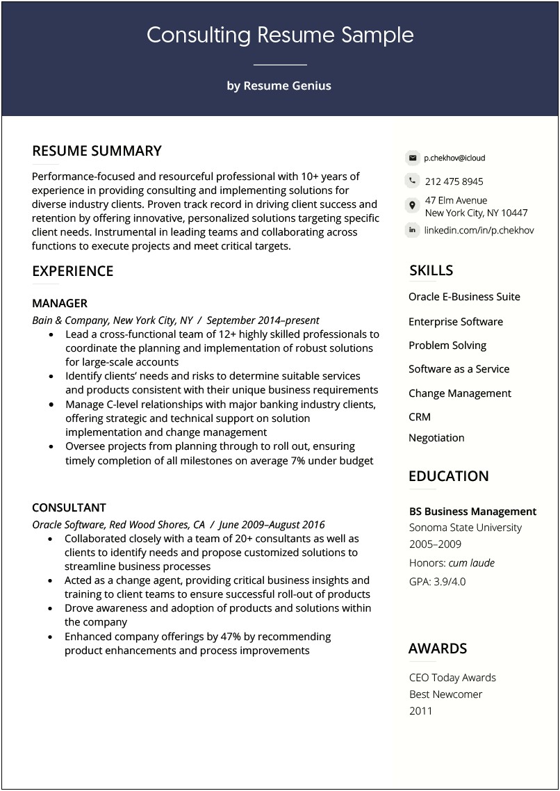 Business Intelligence Consultant Sample Resume