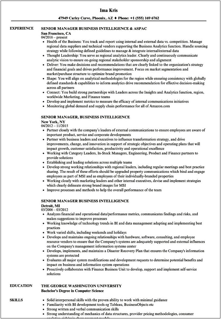 Business Intelligence Manager Resume Examples