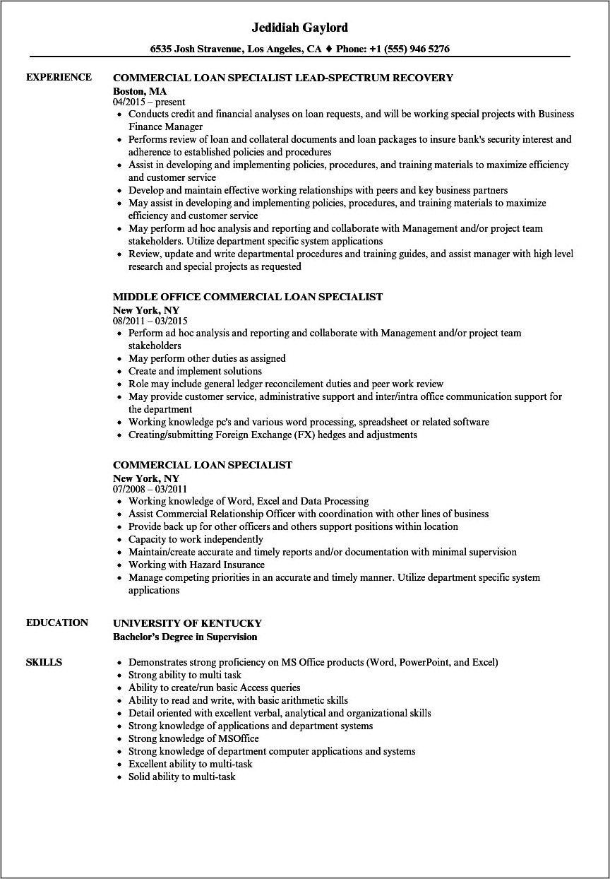 Business Loan Job Description Resume