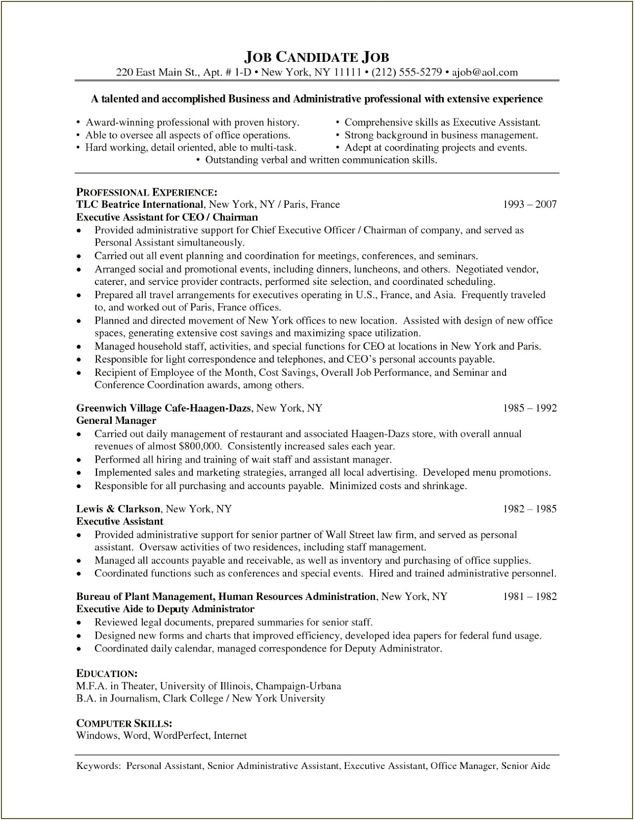 Business Management Resume Objectives Examples