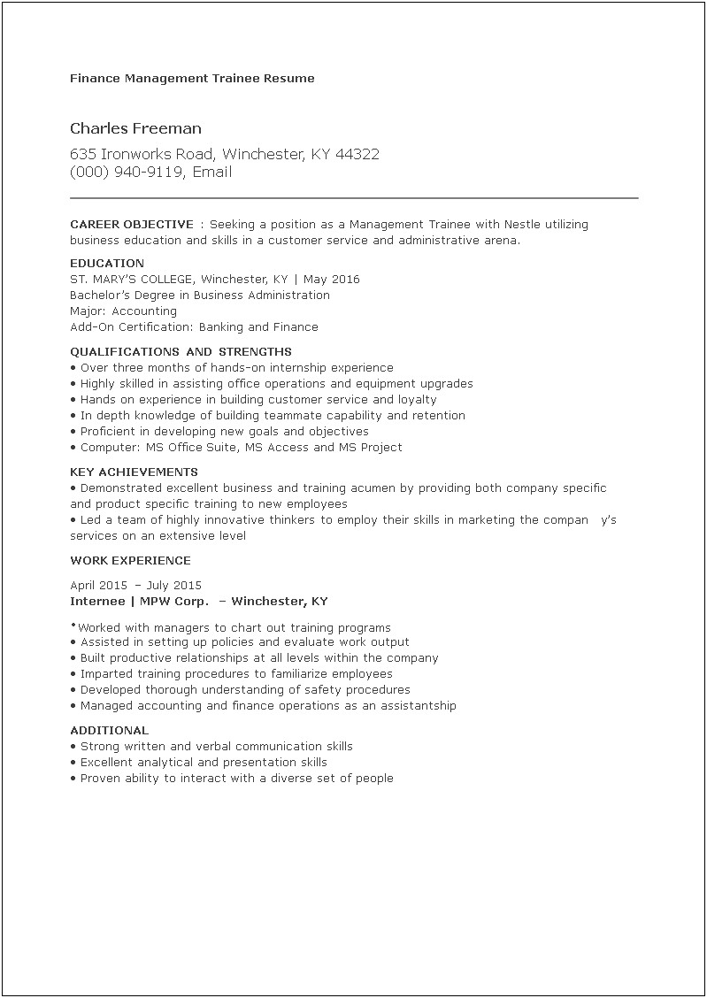 Business Management Trainee Resume Objective