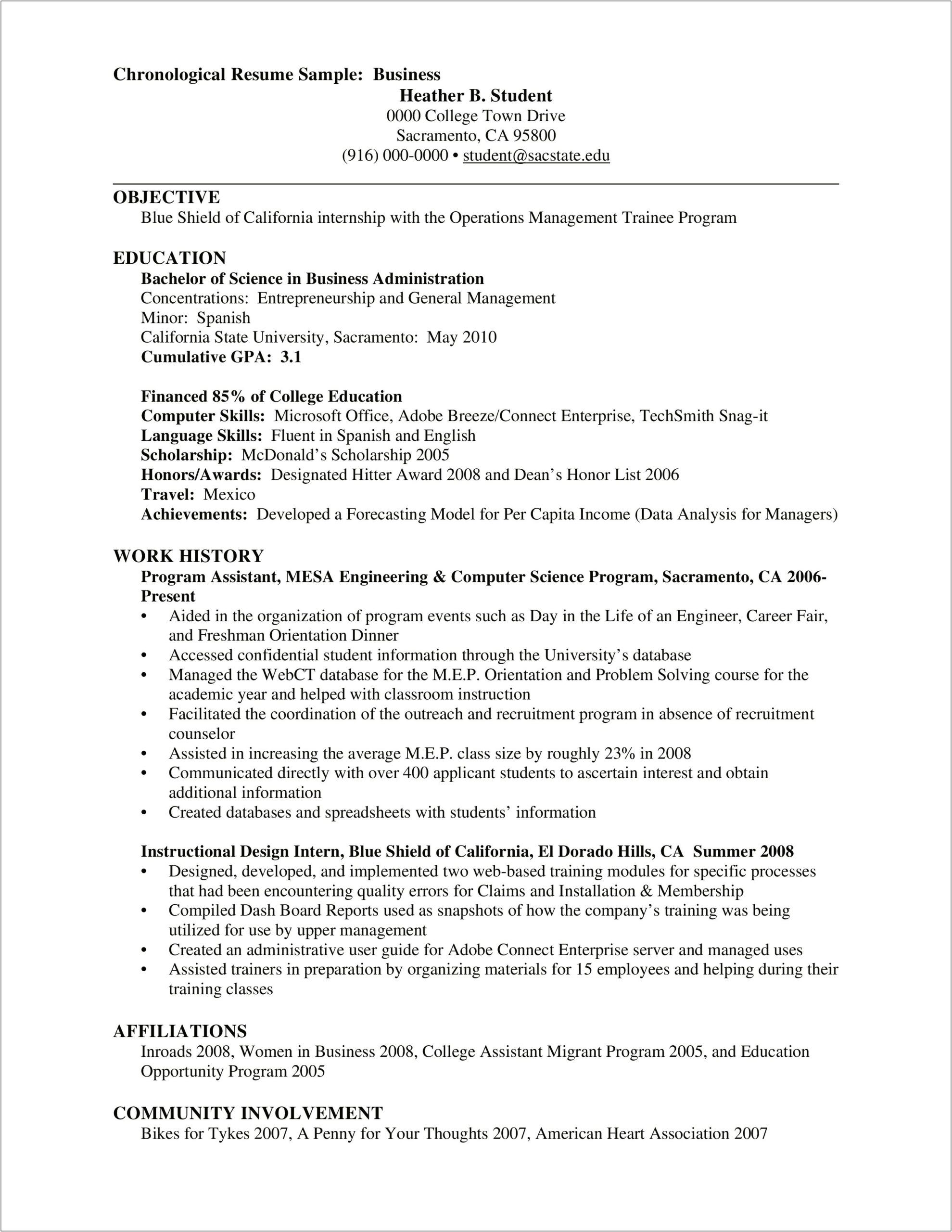 Business Management With Concentration Resume