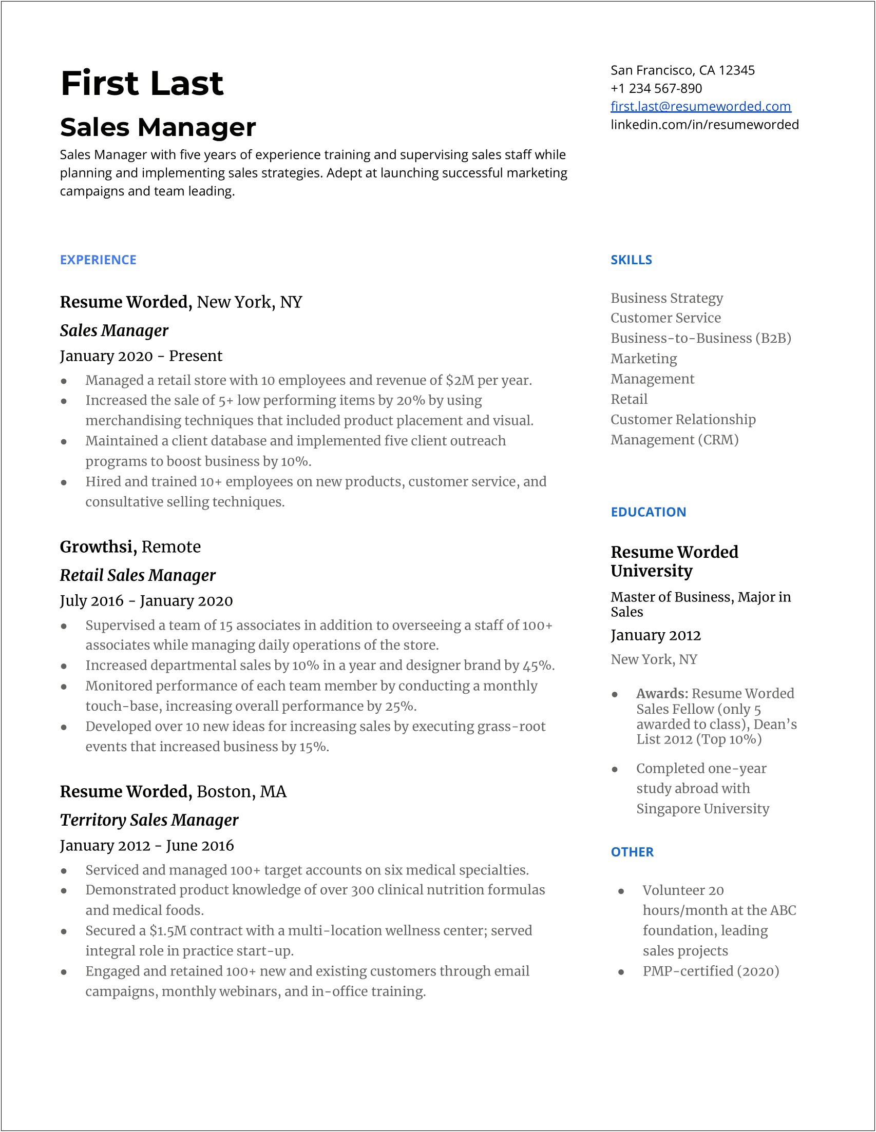 Business Manager Description For Resume