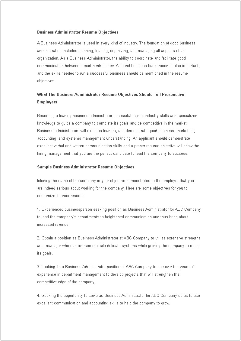 Business Objectives Samples For Resume