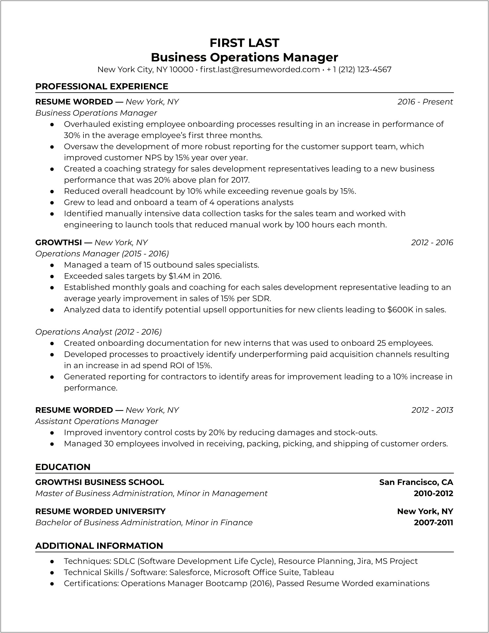 Business Operations Analyst Sample Resume