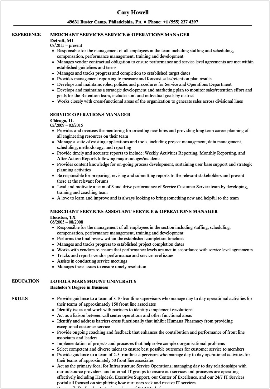 Business Operations Manager For Food Bank Resume