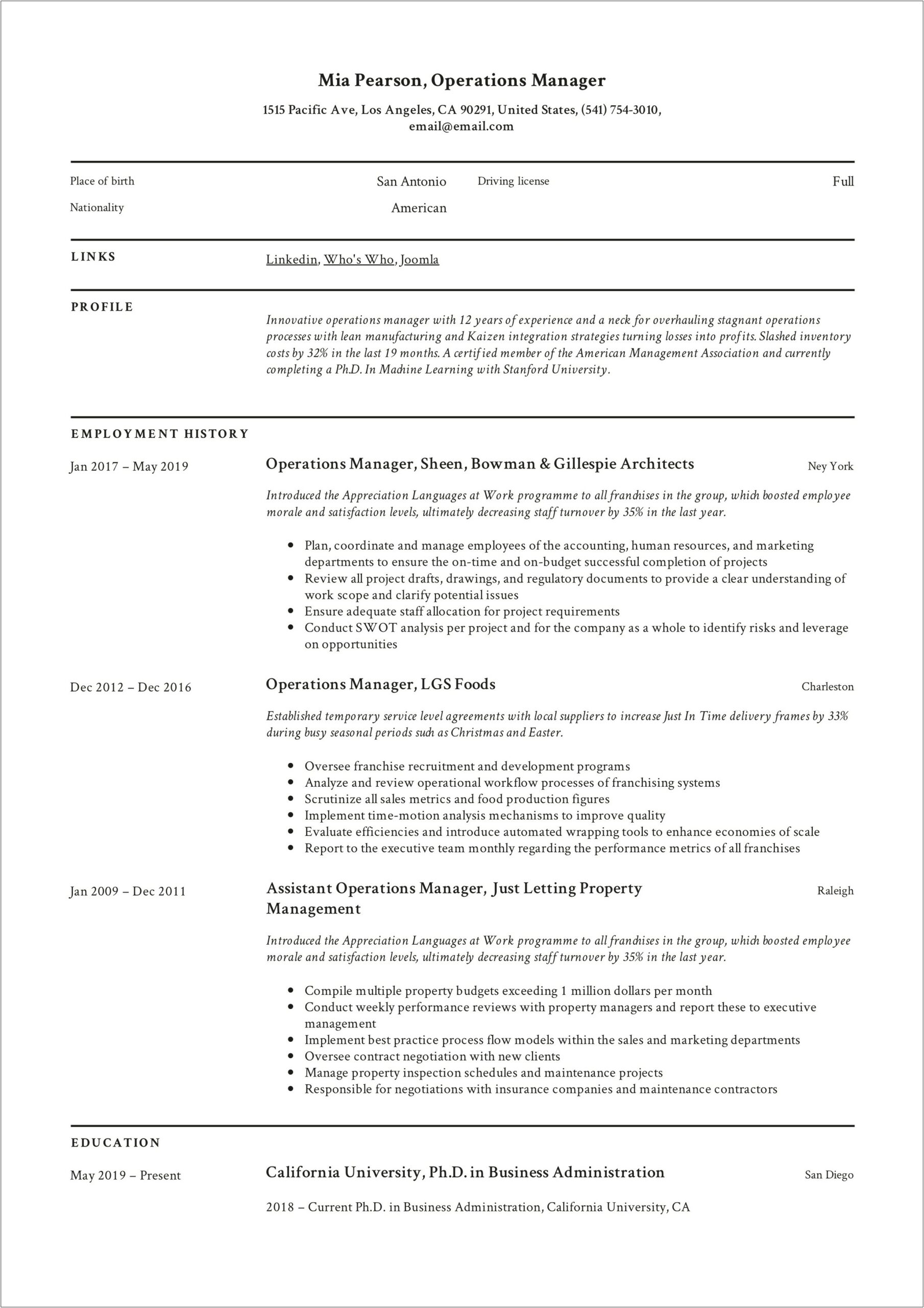Business Operations Manager Resume Document Sample