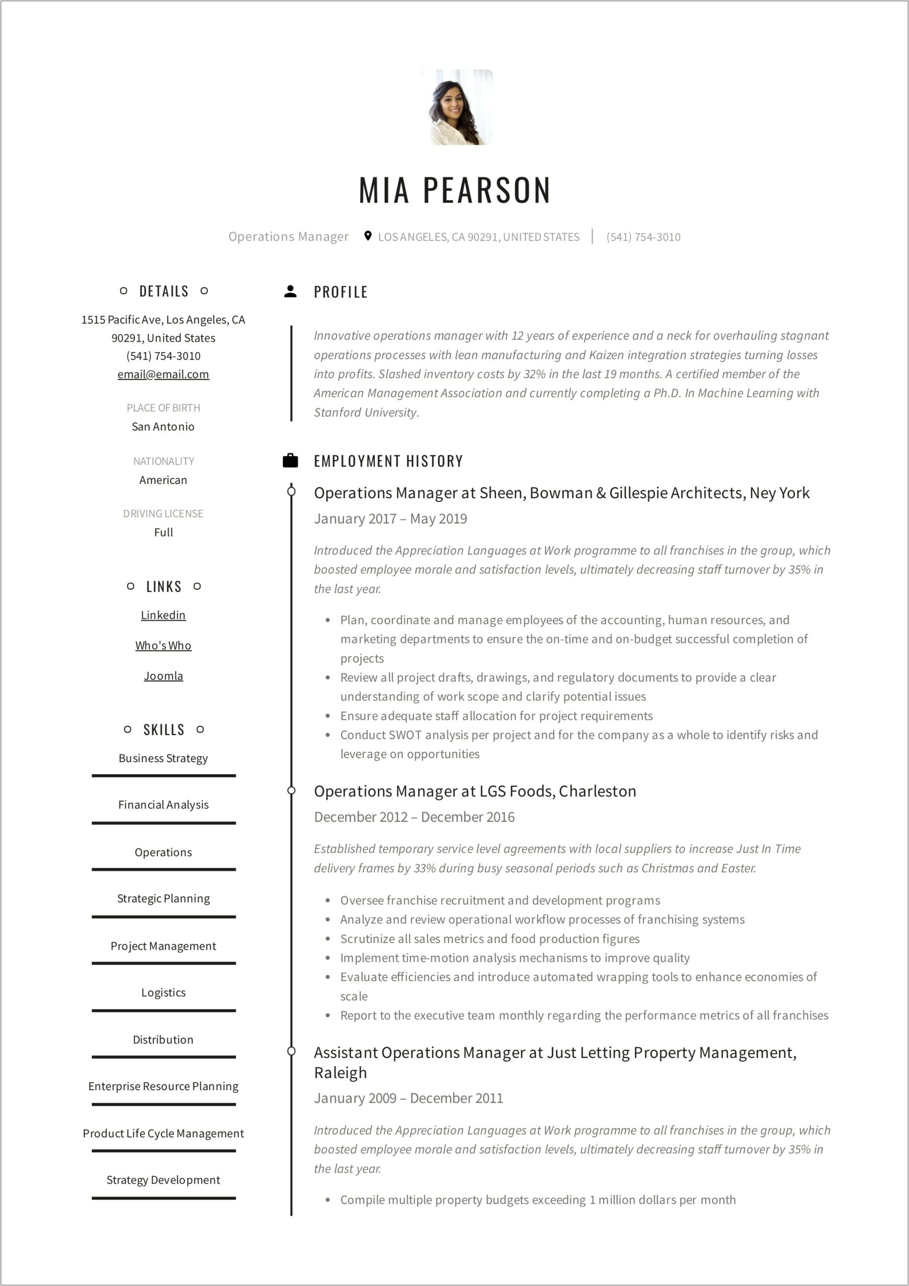 Business Operations Manager Resume Pdf