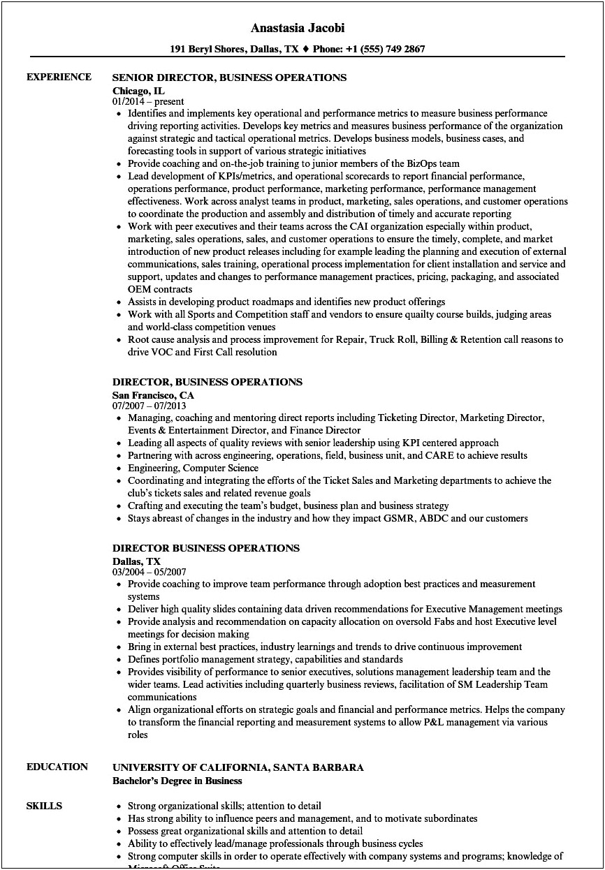 Business Operations Professional Resume Sample