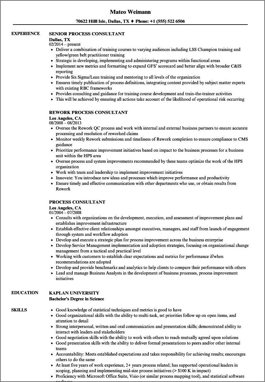 Business Process Consultant Resume Sample