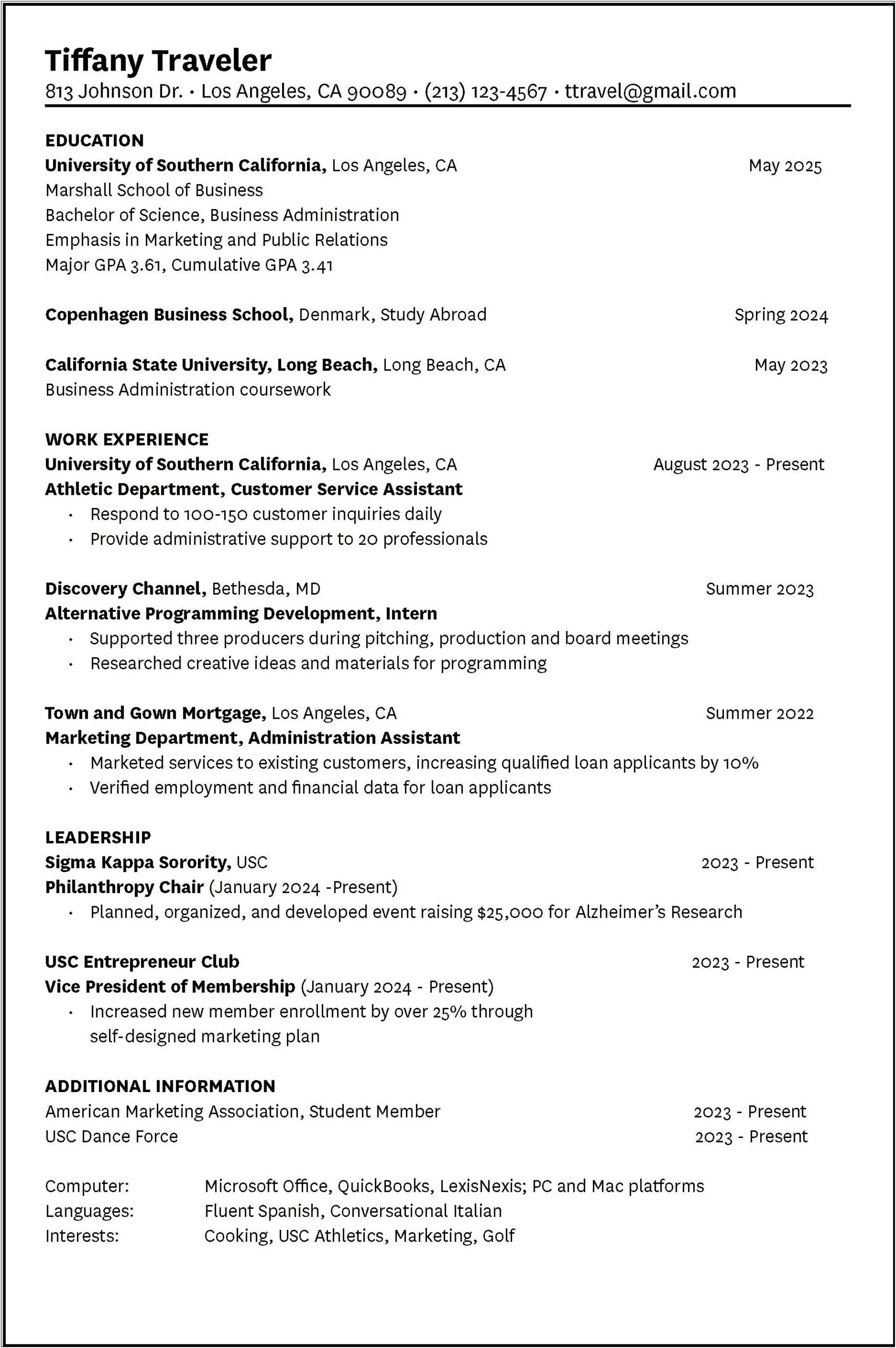 Business Resume Examples For College Student