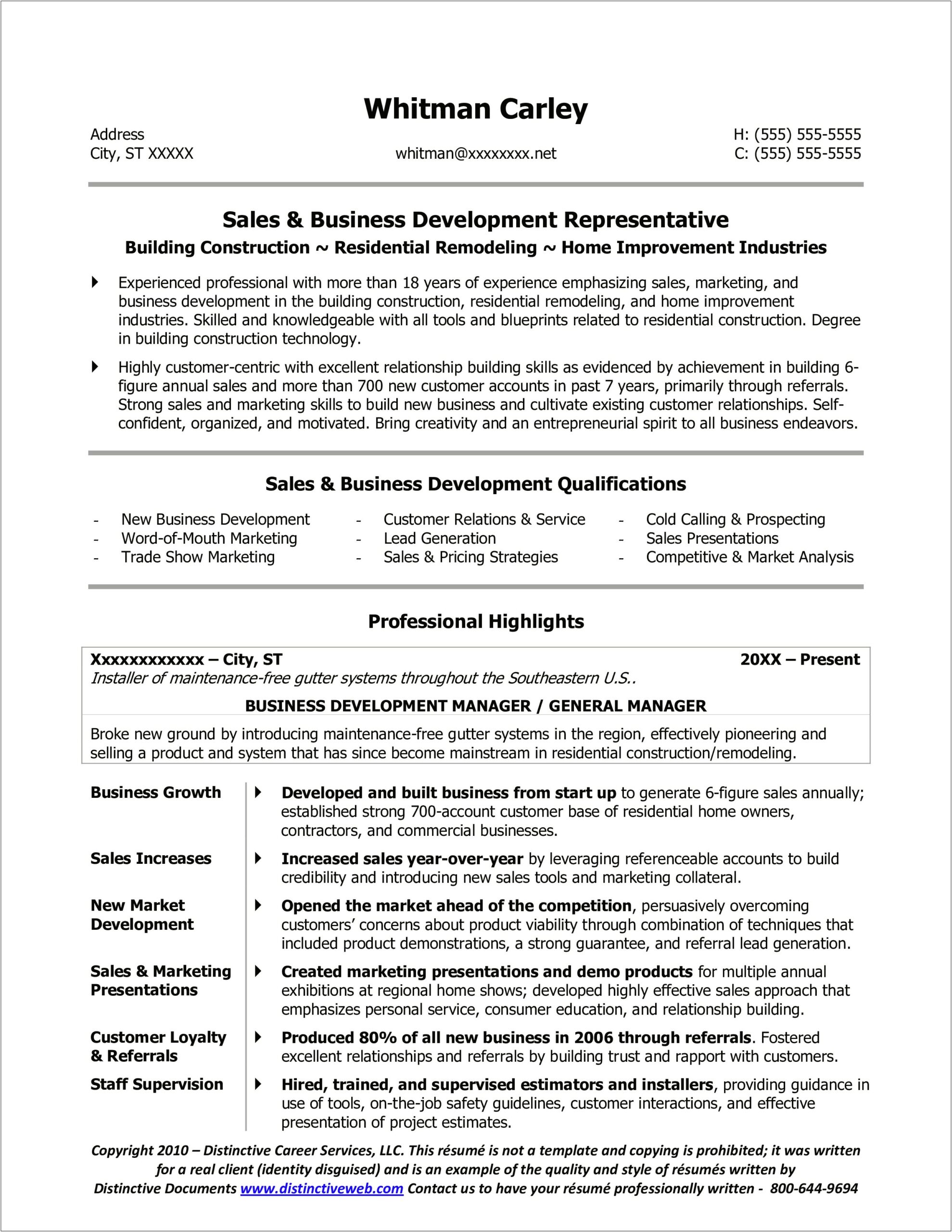 Business Resume General Contractor Example