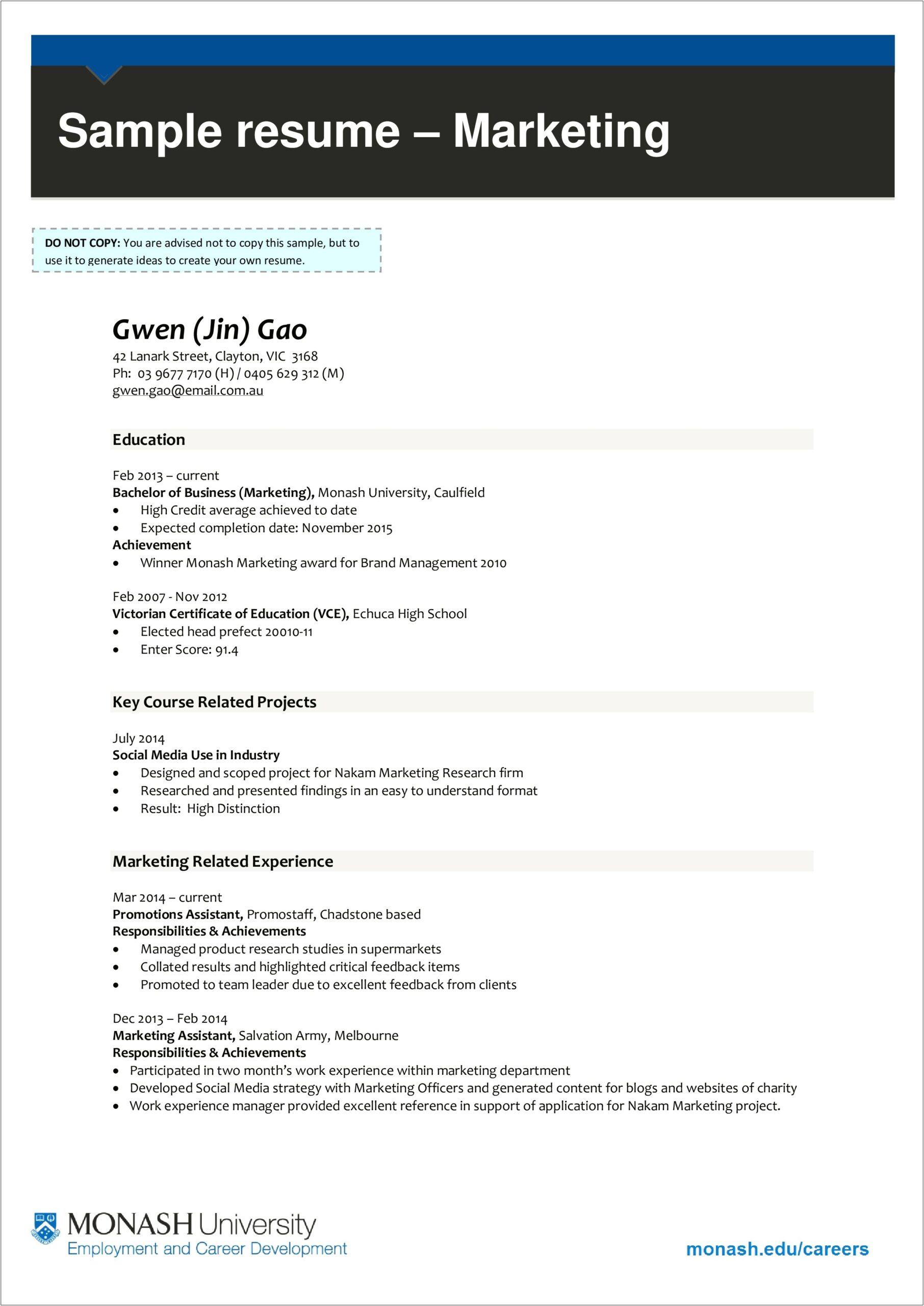Business School Application Resume Example