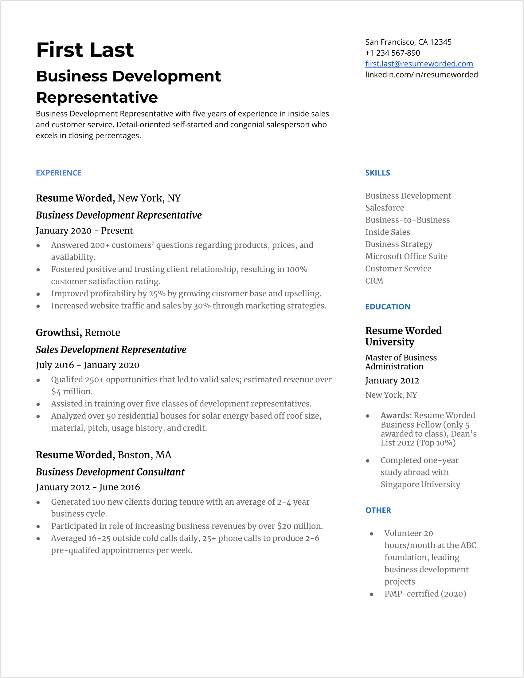 Business Skills Examples For Resume