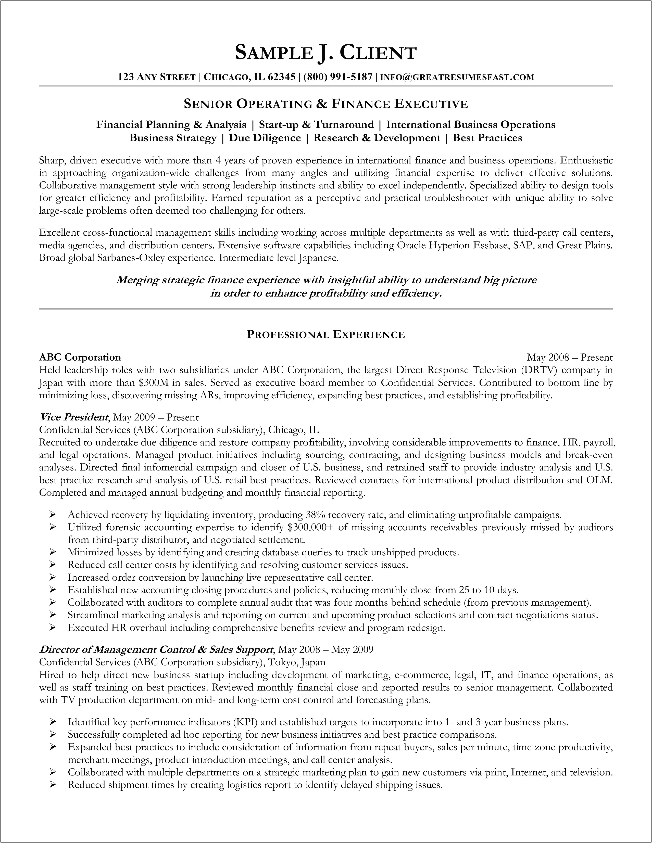 Business Strategy And Operations Resume Examples
