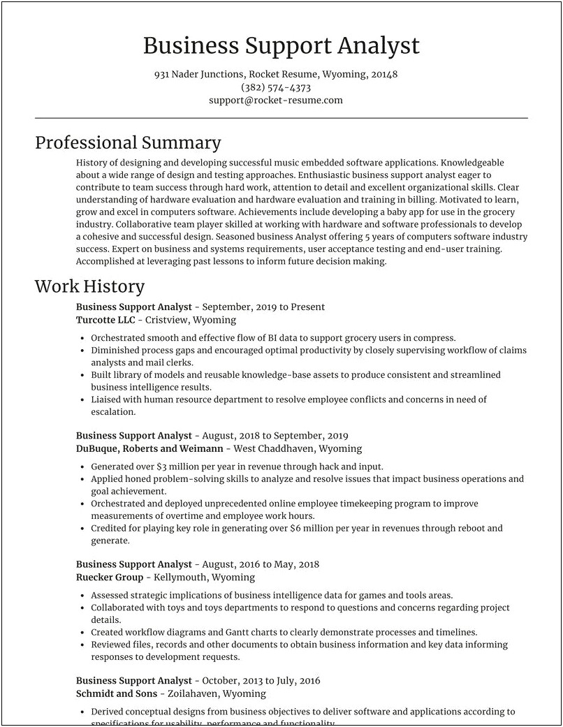 Business Support Analyst Resume Sample