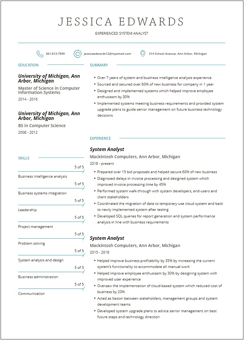 Business Systemes Analyst Tech Resume Sample