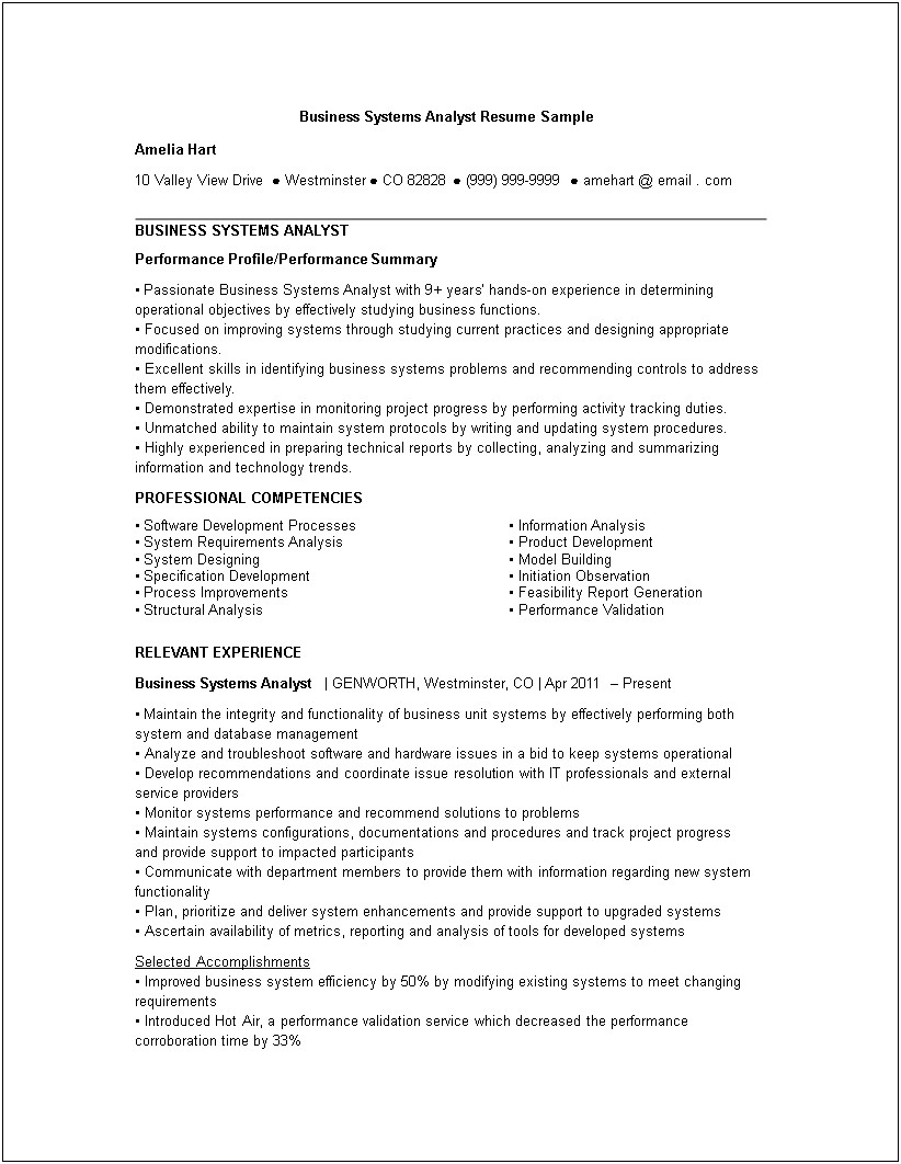 Business Systems Analyst Skills Resume