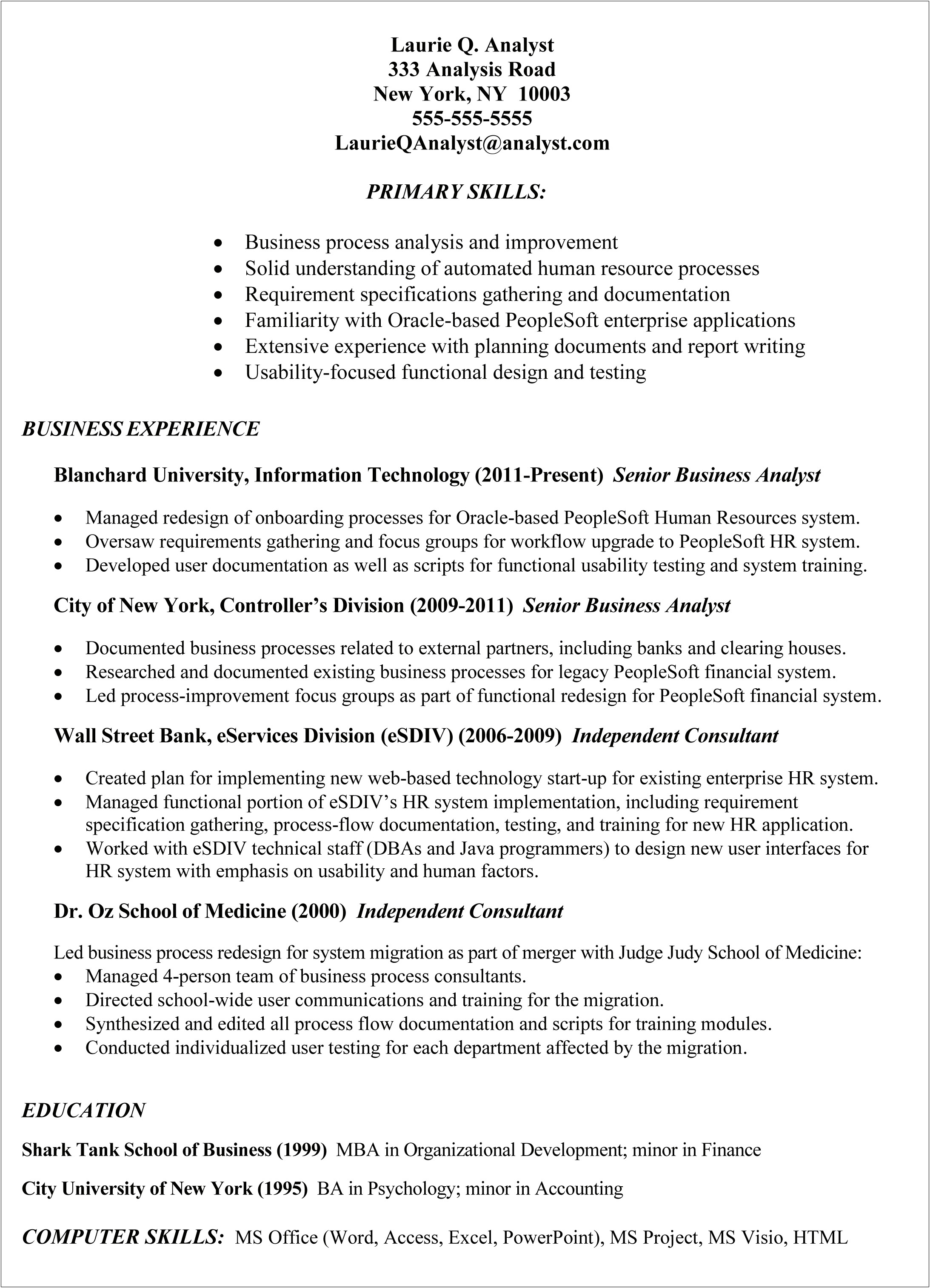 Business Systems Consultant Resume Example