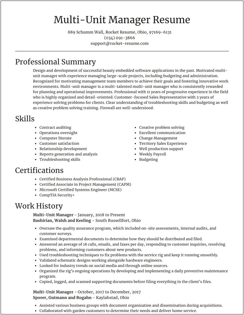 Business Unit Manager Sample Resume