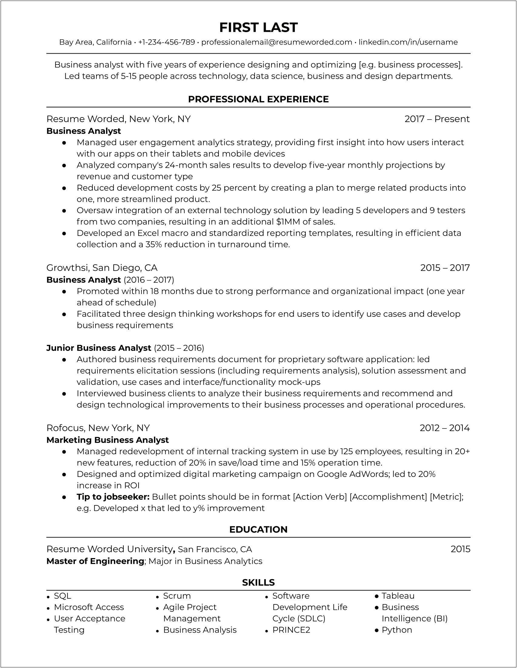 Businesss Analyst Resume Summary Examples