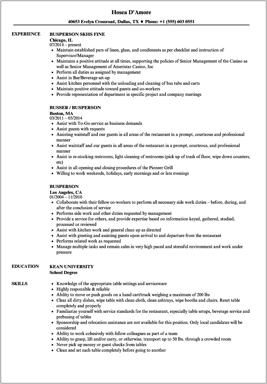 Busser Work Related Skills Resume Examples