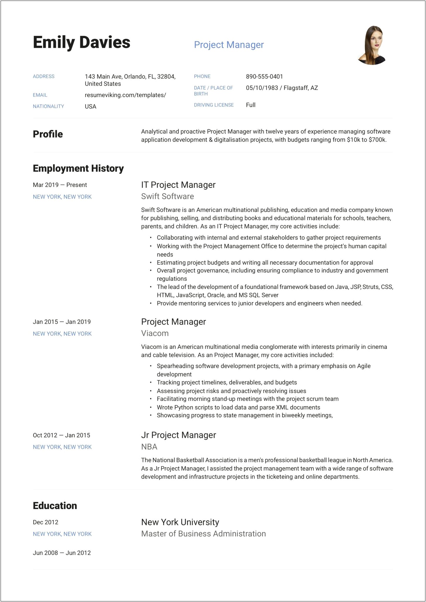 Byui Resume Example Project Management