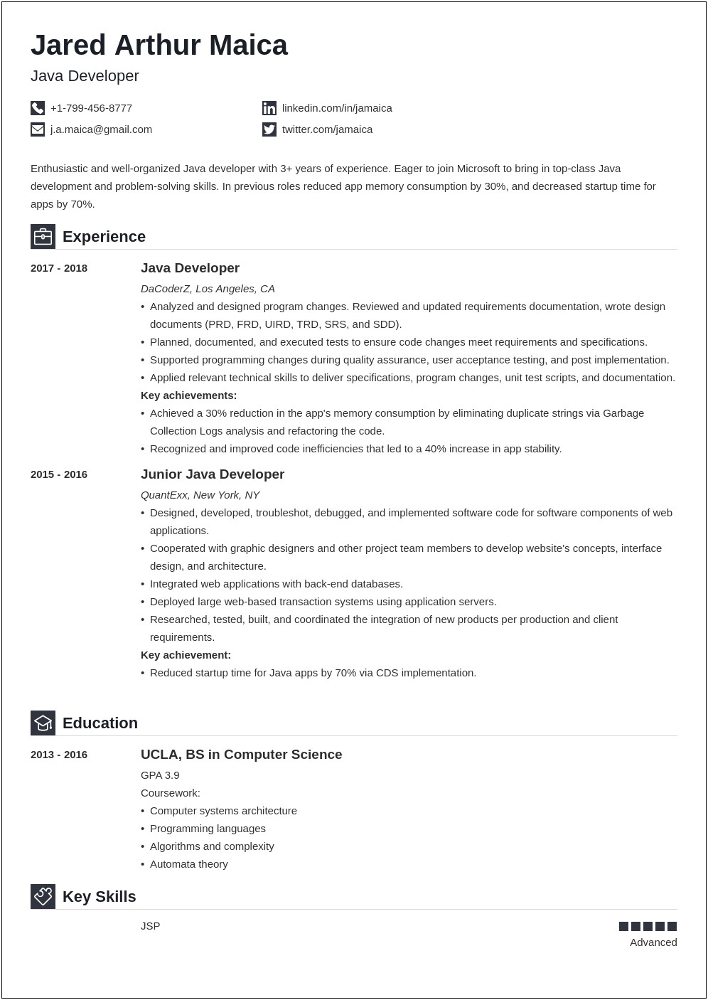 C Developer With 2 Year Experience Resume Example