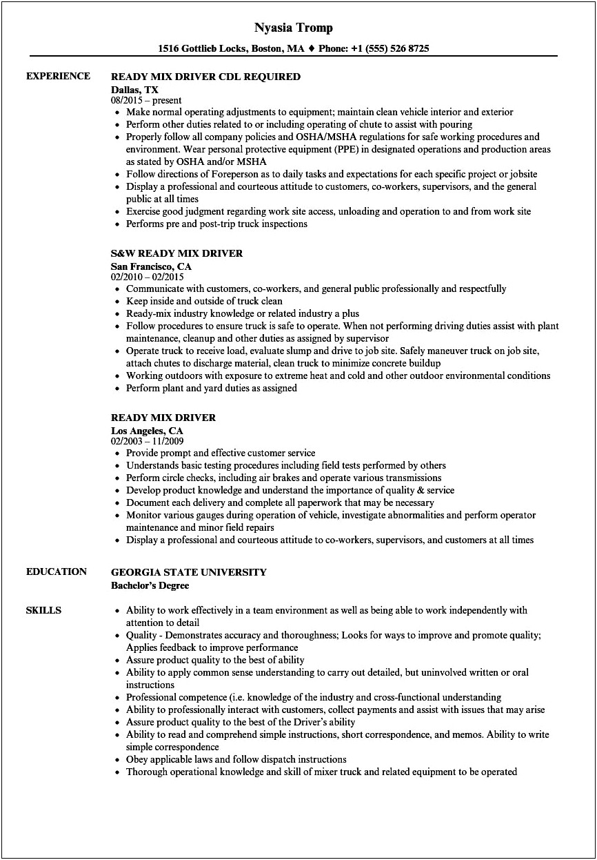 Cab Driver Job Description For Resume