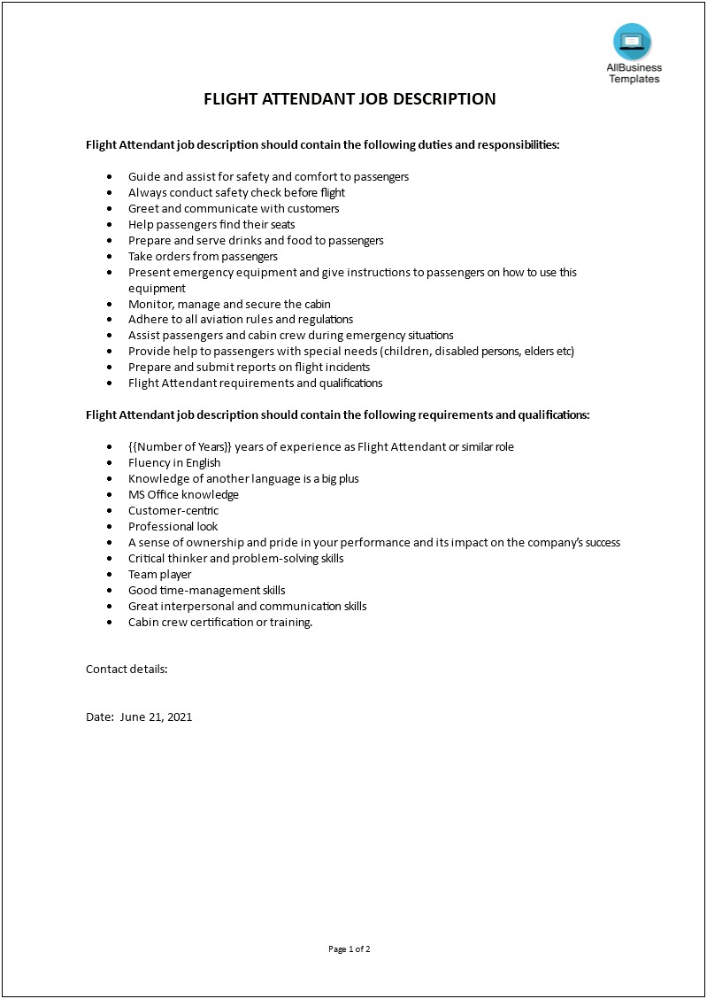 Cabin Crew Job Description For Resume