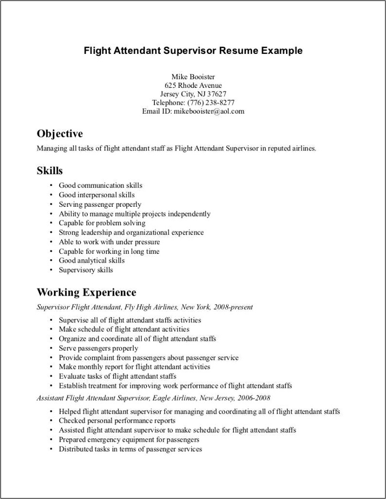 Cabin Crew Job Experience Resume