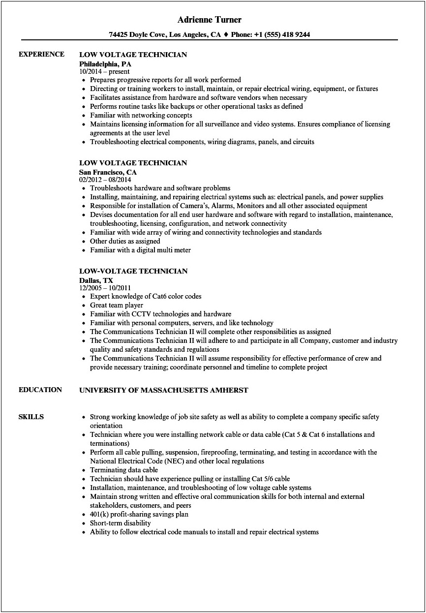 Cable Technician Job Description Resume