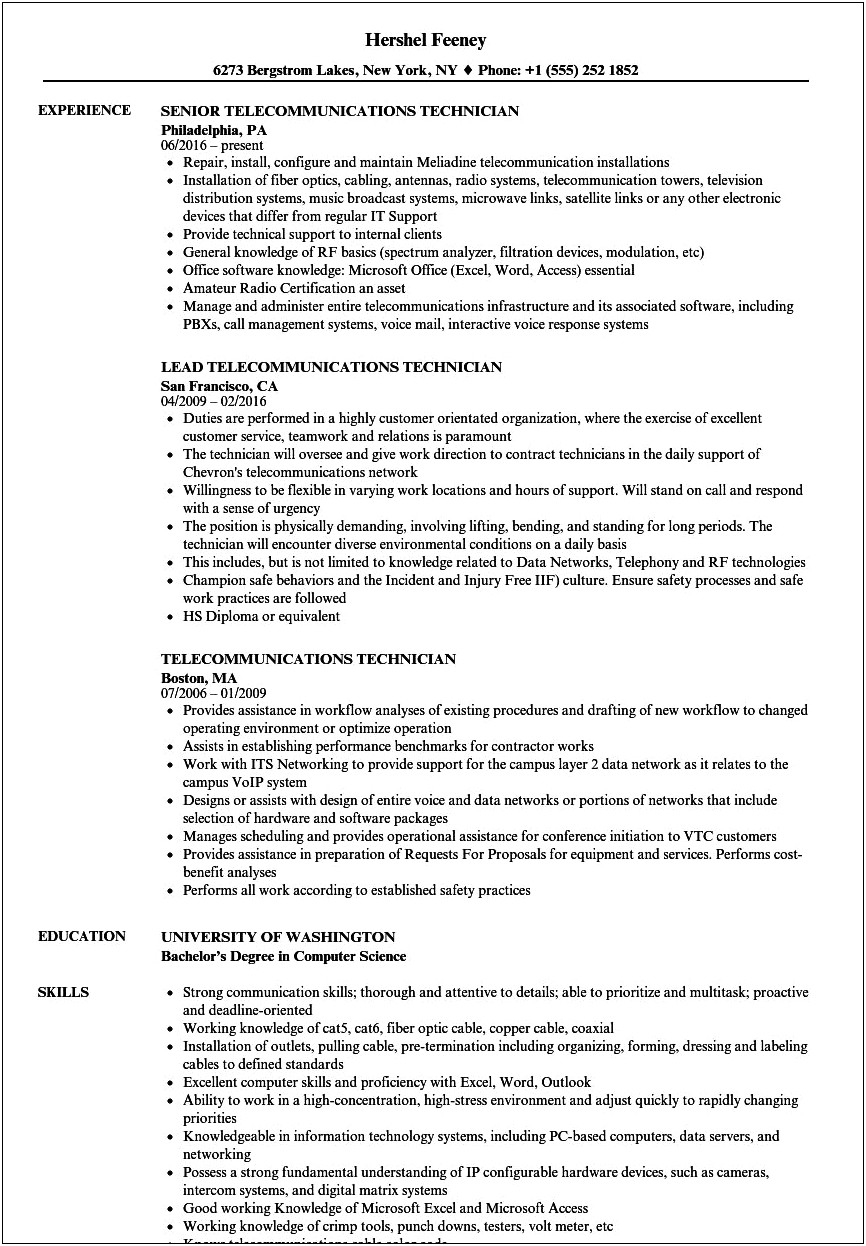 Cable Technician Skills For Resume