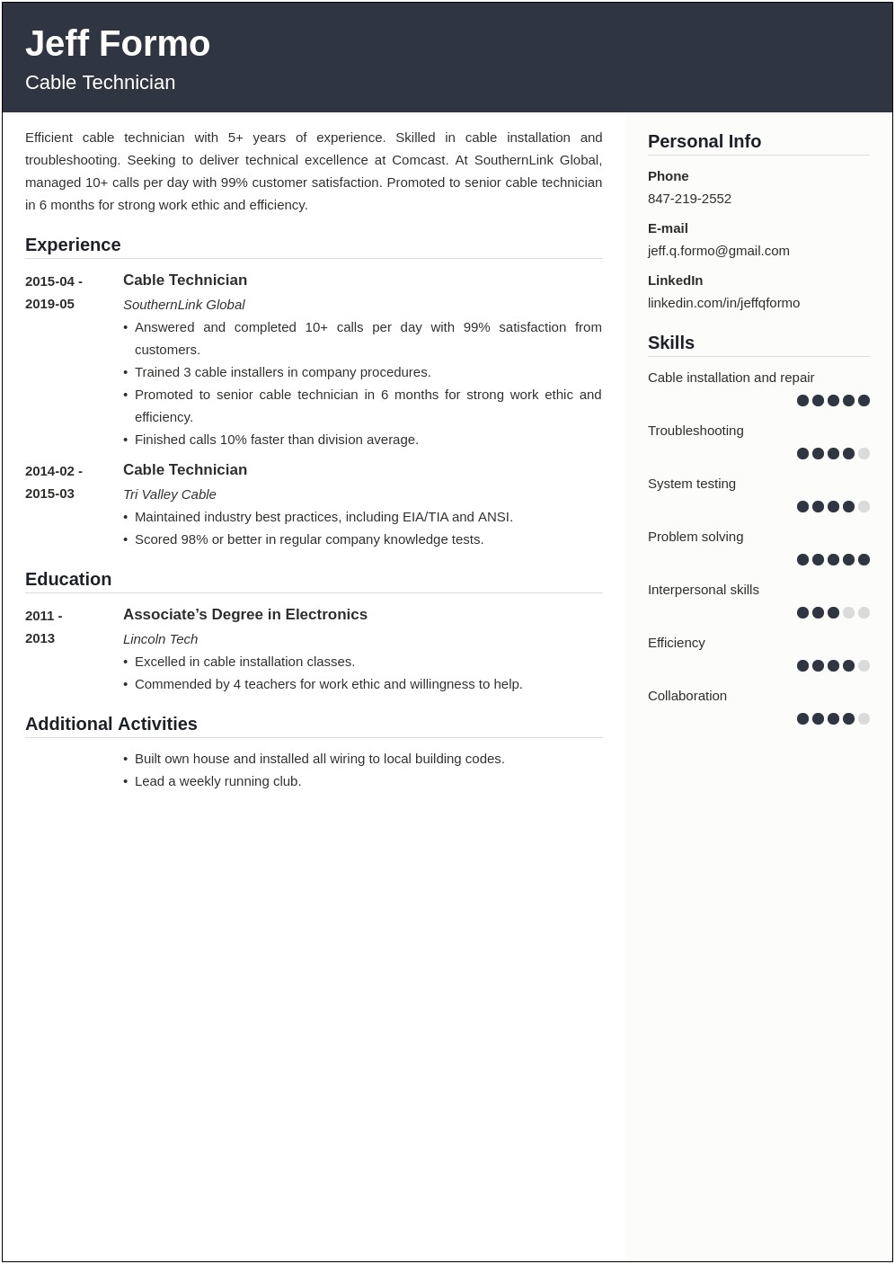 Cable Tv Installer Resume Example