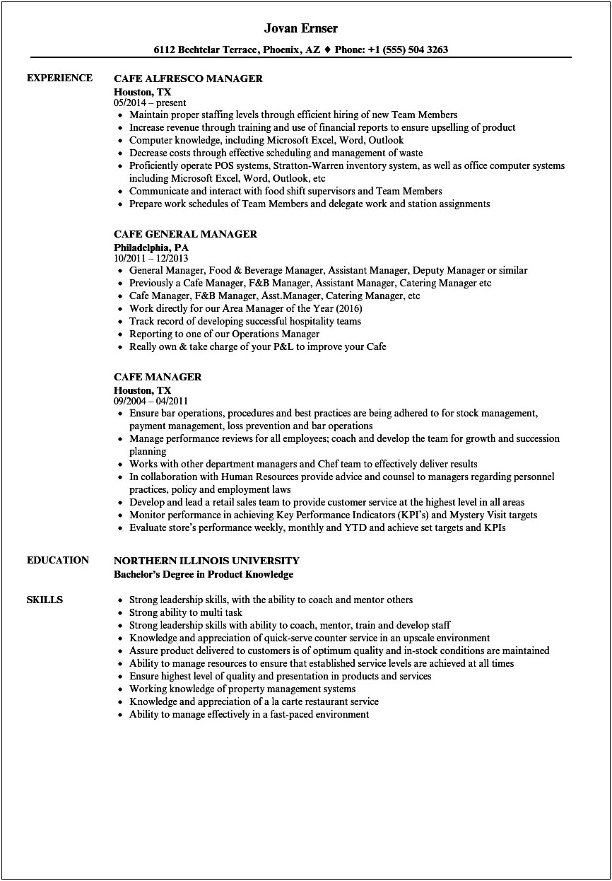 Cafe And Restaurant Manager Resume
