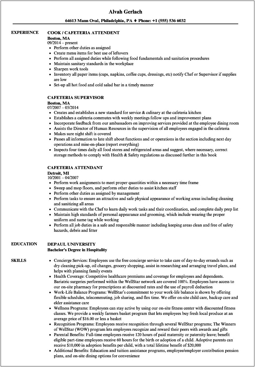Cafe Worker Job Description For Resume