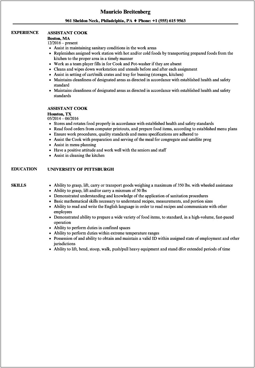 Cafeteria Assistant Job Description Resume
