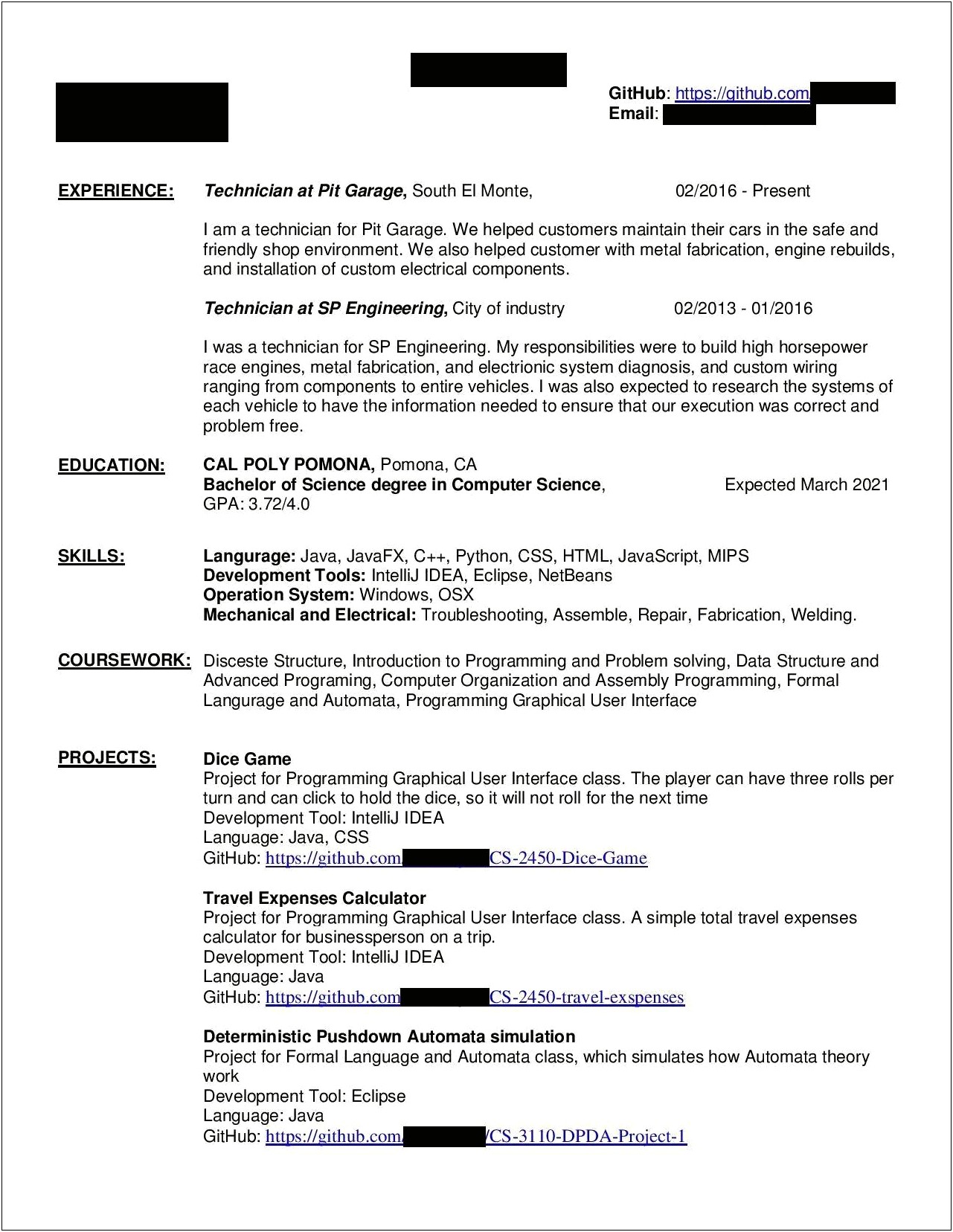 Cal Poly Sample Resume Format