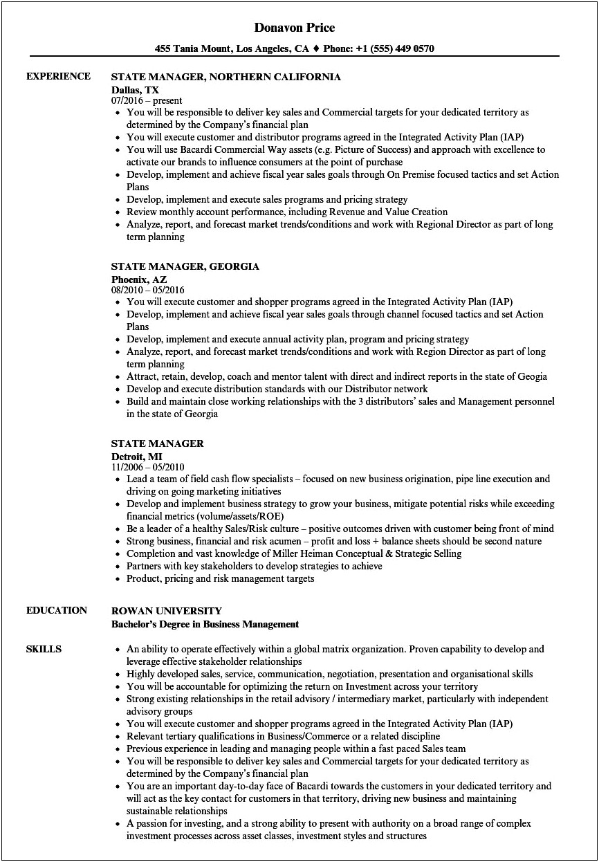 California Example Of A Resume