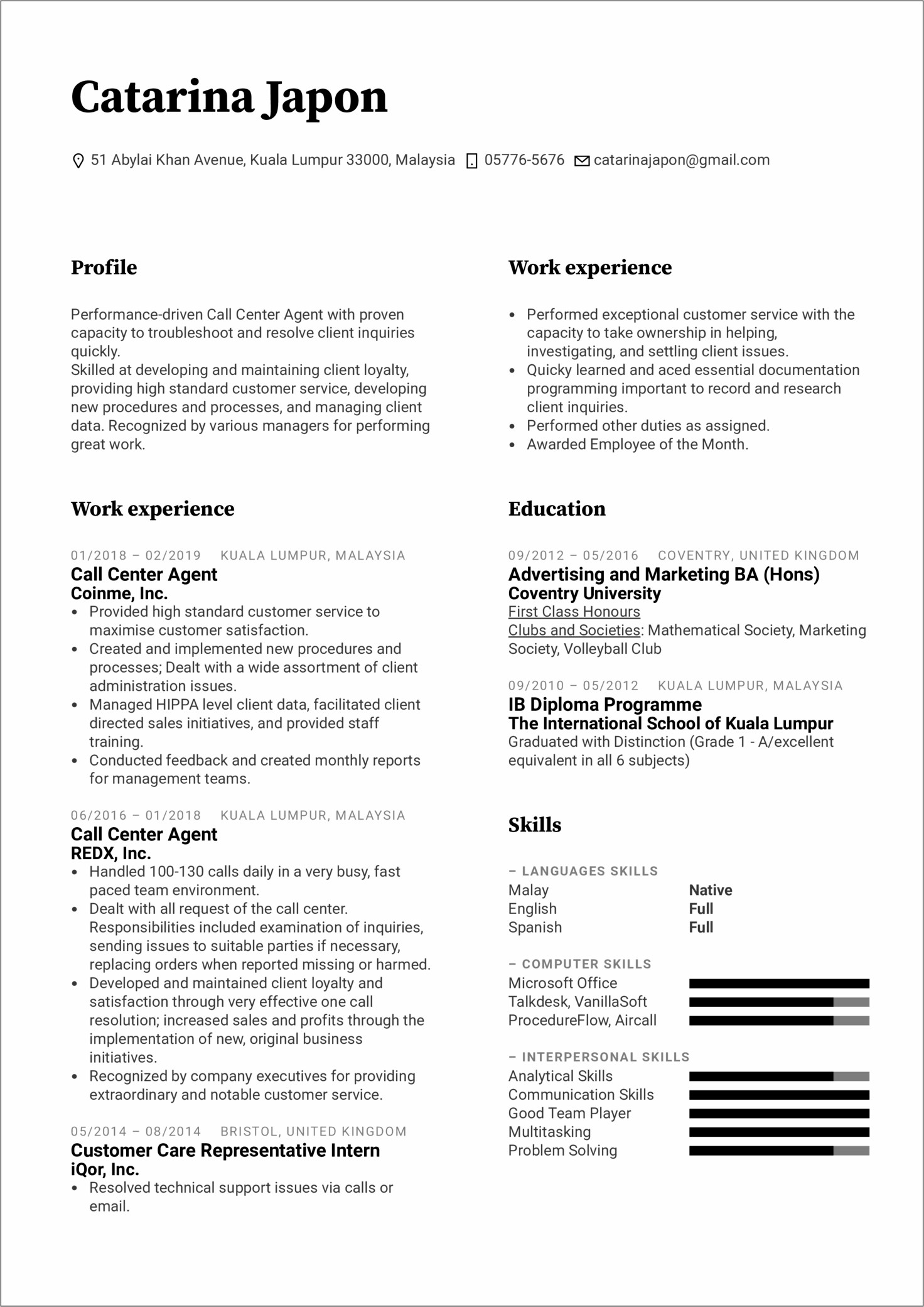Call Center Computer Skills Resume