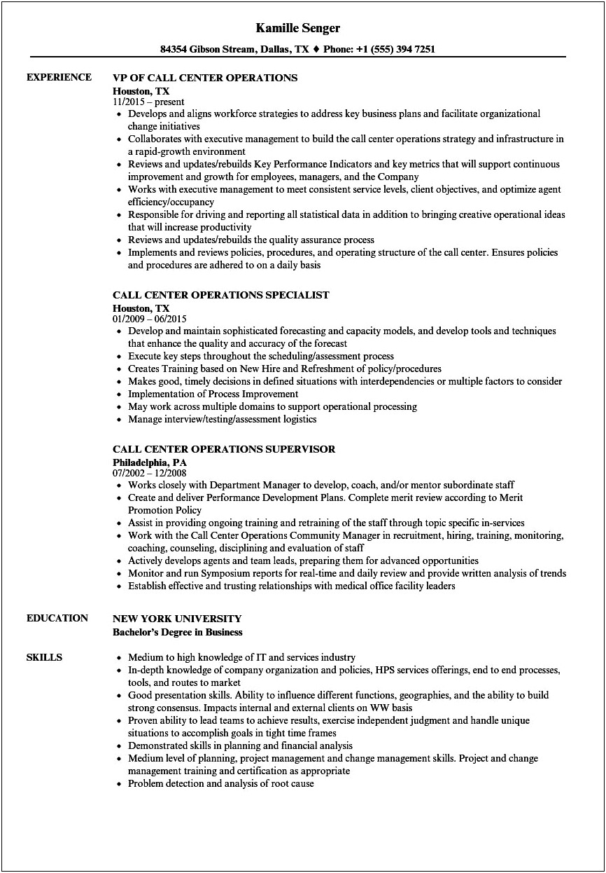 Call Center Customer Service Manager Resume