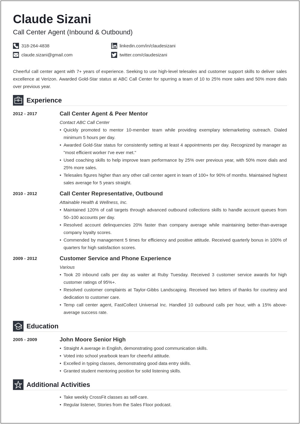 Call Center Customer Service Resume Summary