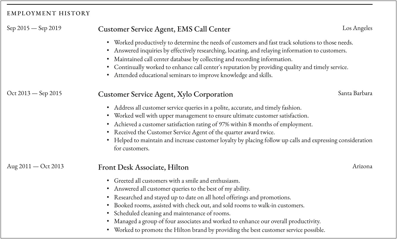 Call Center Job Experience Resume