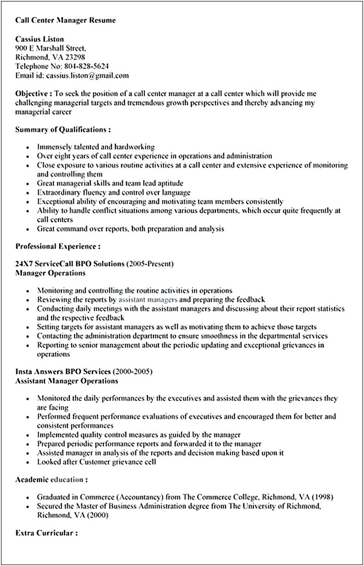 Call Center Manager Resume Examples