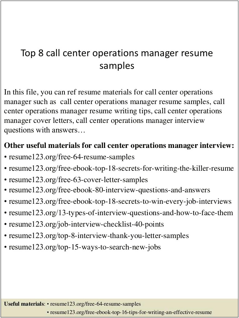 Call Center Manager Resume Sample