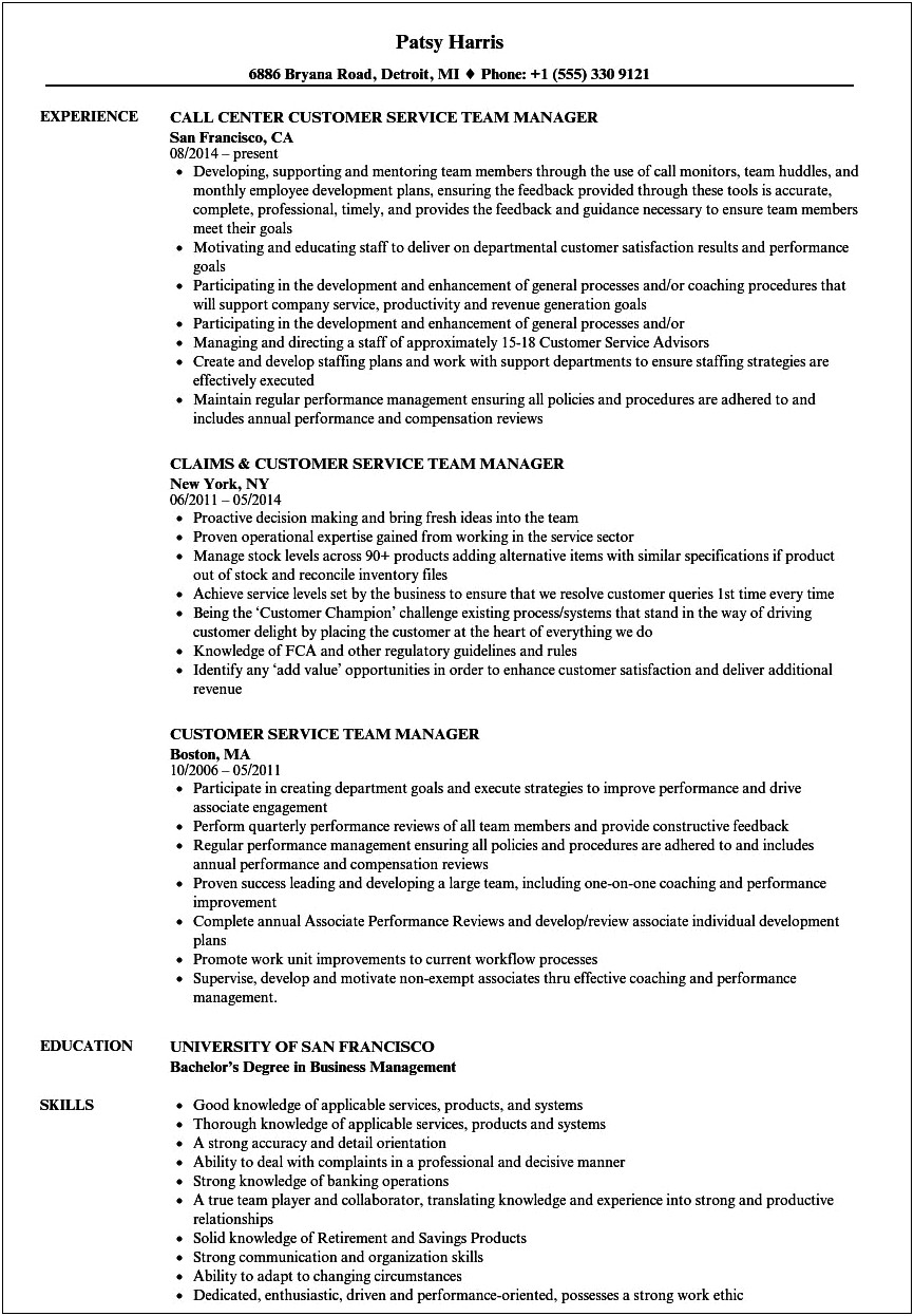Call Center Operation Manager Resume Sample