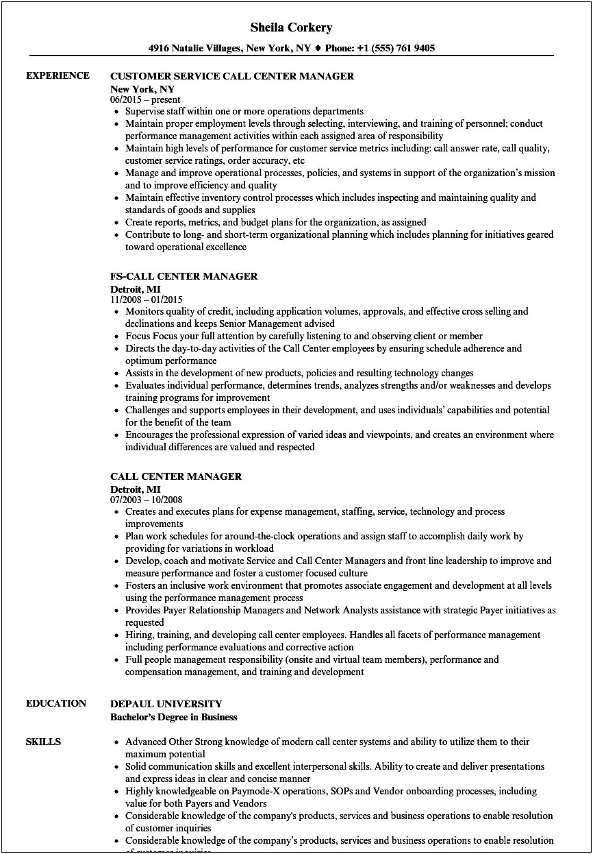 Call Center Operations Manager Resume Sample