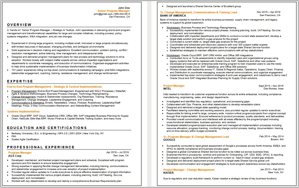 Call Center Project Manager Resume