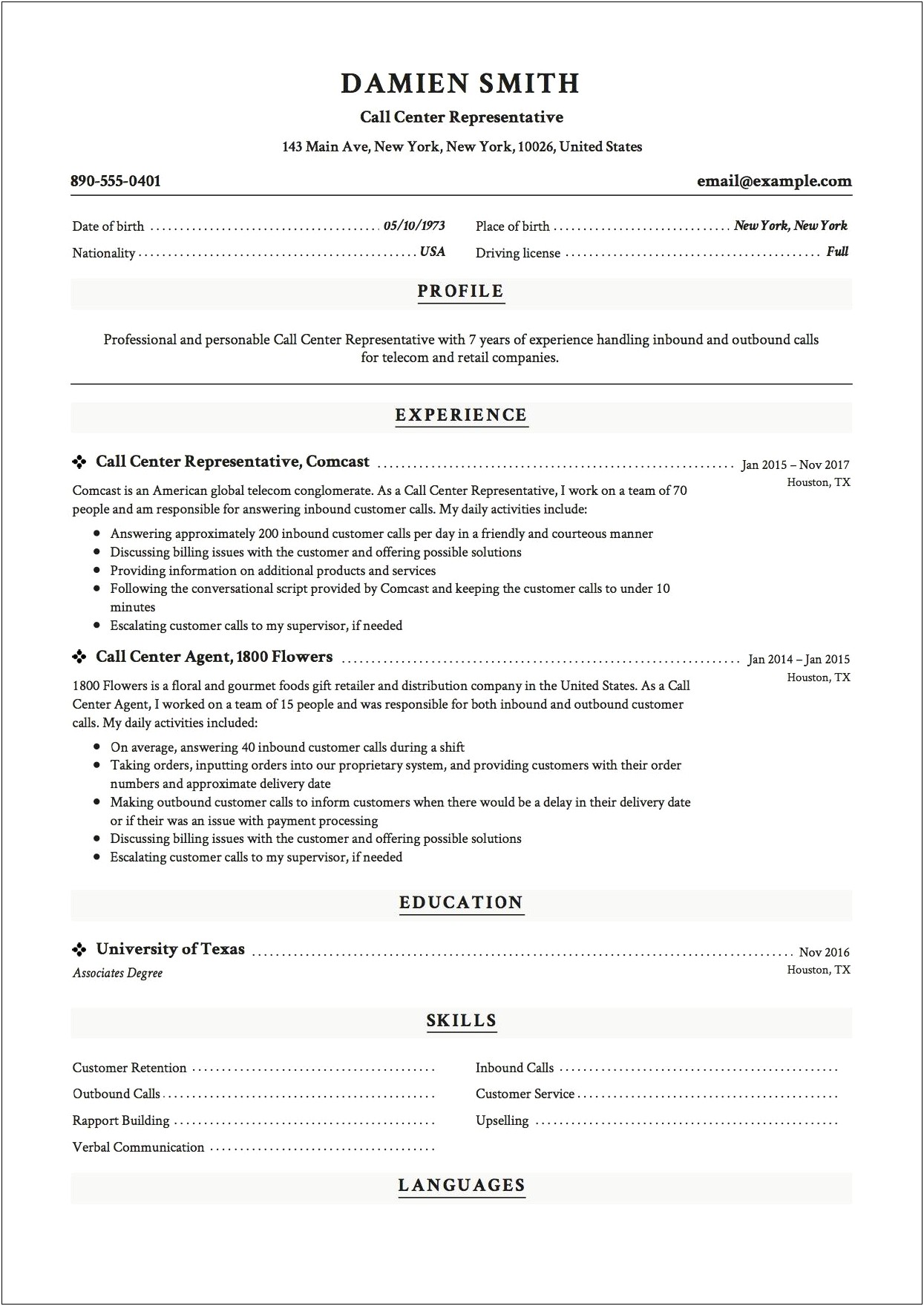 Call Center Representative Job Duties Resume